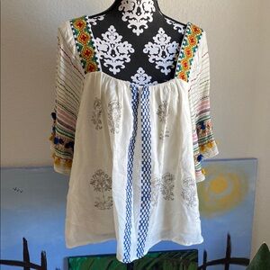 Embroidered White Blouse with Colorful Trim